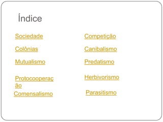 Índice
Sociedade       Competição

Colônias        Canibalismo

Mutualismo      Predatismo

Protocooperaç   Herbivorismo
ão
Comensalismo    Parasitismo
 