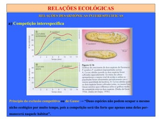 RELAÇÕES ECOLÓGICAS
RELAÇÕES DESARMÔNICAS INTERESPECÍFICASRELAÇÕES DESARMÔNICAS INTERESPECÍFICAS
a) Competição interespecífica
Princípio da exclusão competitiva ou de Gause → “Duas espécies não podem ocupar o mesmo
nicho ecológico por muito tempo, pois a competição será tão forte que apenas uma delas per-
manecerá naquele hábitat”.
 