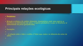 Principais relações ecológicas
• Predatismo
•
• Relação ecológica, de caráter alimentar, desarmônica onde uma espécie se
beneficia em detrimento da outra. A espécie predadora é a que se beneficia, se
alimentando da presa (prejudicada).
•
• Exemplos:
•
• - A relação entre o leão e a zebra. O leão caça, mata e se alimenta da carne da
zebra.
•
 