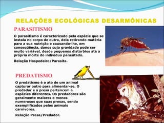 RELAÇÕES ECOLÓGICAS DESARMÔNICAS  PARASITISMO O parasitismo é caracterizado pela espécie que se instala no corpo de outra, dela retirando matéria para a sua nutrição e causando-lhe, em conseqüência, danos cuja gravidade pode ser muito variável, desde pequenos distúrbios até a própria morte do indivíduo parasitado. Relação Hospedeiro/Parasita.  PREDATISMO O predatismo é o ato de um animal capturar outro para alimentar-se. O predador e a presa pertencem a espécies diferentes. Os predadores são geralmente maiores e menos numerosos que suas presas, sendo exemplificados pelos animais carnívoros.  Relação Presa/Predador. 