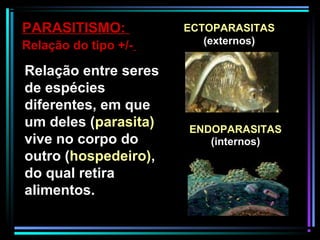 Relação entre seres
de espécies
diferentes, em que
um deles (parasita)
vive no corpo do
outro (hospedeiro),
do qual retira
alimentos.
PARASITISMO:
Relação do tipo +/-
ECTOPARASITAS
(externos)
ENDOPARASITAS
(internos)
 