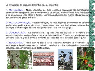 Já em relação às espécies diferentes, são as seguintes:  1- MUTUALISMO  - Nesta interação, as duas espécies envolvidas são beneficiadas e a associação é obrigatória para a sobrevivência de ambas. Um dos casos mais interessantes é o da associação entre algas e fungos, formando os liquens. Os fungos abrigam as algas, e são alimentados pelas mesmas.  2- PROTOCOOPERAÇÃO  - Nesta interação, as duas espécies envolvidas são beneficiadas, porém elas podem viver de modo independente sem que isso possa prejudicá-las. Um exemplo é a nidificação coletiva de algumas aves, tais como as garças.  3- COMENSALISMO  - No comensalismo, apenas uma das espécies se beneficia, sem, no entanto, prejudicar ou beneficiar a outra espécie envolvida. O urubu em relação ao homem é um bom exemplo, pois o primeiro alimenta-se dos restos (lixo) deixados pelo segundo.  4- INQUILINISMO  - Assim com no caso do comensalismo, também no inquilinismo, apenas uma espécie beneficia-se, sem no entanto prejudicar a outra. As bromélias (gravatás) e as orquídeas são um bom exemplo desta relação.  