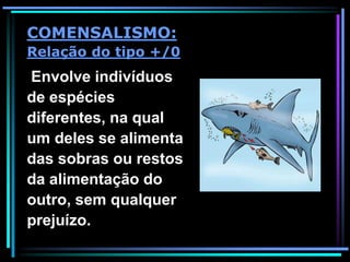 Envolve indivíduos
de espécies
diferentes, na qual
um deles se alimenta
das sobras ou restos
da alimentação do
outro, sem qualquer
prejuízo.
COMENSALISMO:
Relação do tipo +/0
 