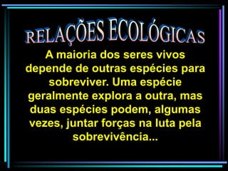 A maioria dos seres vivos
depende de outras espécies para
sobreviver. Uma espécie
geralmente explora a outra, mas
duas espécies podem, algumas
vezes, juntar forças na luta pela
sobrevivência...
 