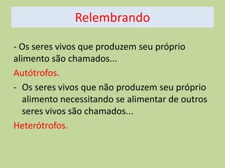 Relembrando
- Os seres vivos que produzem seu próprio
alimento são chamados...
Autótrofos.
- Os seres vivos que não produzem seu próprio
alimento necessitando se alimentar de outros
seres vivos são chamados...
Heterótrofos.

 