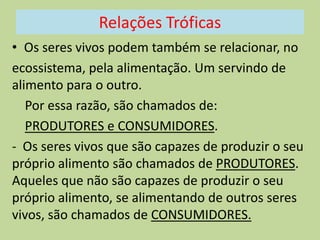 Relações Tróficas
• Os seres vivos podem também se relacionar, no
ecossistema, pela alimentação. Um servindo de
alimento para o outro.
Por essa razão, são chamados de:
PRODUTORES e CONSUMIDORES.
- Os seres vivos que são capazes de produzir o seu
próprio alimento são chamados de PRODUTORES.
Aqueles que não são capazes de produzir o seu
próprio alimento, se alimentando de outros seres
vivos, são chamados de CONSUMIDORES.

 