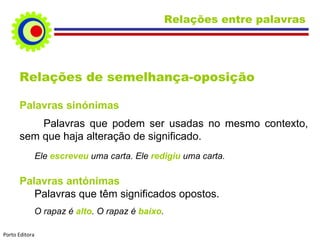 Relações entre palavras




      Relações de semelhança-oposição

      Palavras sinónimas
          Palavras que podem ser usadas no mesmo contexto,
      sem que haja alteração de significado.
                Ele escreveu uma carta. Ele redigiu uma carta.

      Palavras antónimas
         Palavras que têm significados opostos.
            O rapaz é alto. O rapaz é baixo.

Porto Editora
 