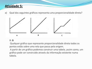 Atividade 5:
a)   Qual dos seguintes gráficos representa uma proporcionalidade direta?




     R: B
      Qualquer gráfico que represente proporcionalidade direta todos os
     pontos estão sobre uma reta que passa pela origem.
      A partir de um gráfico podemos construir uma tabela ,assim como, um
     gráfico pode ser construído através da informação existente numa
     tabela.
 