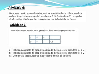 Atividade 6:




 Atividade 7:




a) Indica a constante de proporcionalidade direta entre a grandeza y e a x.
b) Indica a constante de proporcionalidade direta entre a grandeza x e a y.
c) Completa a tabela. Não te esqueças de indicar os cálculos.
 
