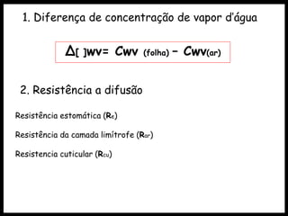 1. Diferença de concentração de vapor d’água
Δ[ ]wv= Cwv (folha) – Cwv(ar)
2. Resistência a difusão
Resistência estomática (Re)
Resistência da camada limítrofe (Rar)
Resistencia cuticular (Rcu)
 