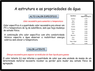 A estrutura e as propriedades da água
ALTO CALOR ESPECIFICO
Calor necessário para aumentar a temperatura
CALOR LATENTE
Energia necessária para separar as moléculas da fase liquida para gasosa
Calor específico é a quantidade calor necessária pra elevar em
1ºC a temperatura de 1g de substância, sem que haja mudança
de estado físico.
Substância
Calor
Específico(cal/g°C)
Alumínio 0,219
Água 1,000
Álcool 0,590
Cobre 0,093
Chumbo 0,031
Estanho 0,055
Ferro 0,119
Gelo 0,550
Mercúrio 0,033
Ouro 0,031
Prata 0,056
Vapor d'água 0,480
Zinco 0,093
O calor latente (L) nos informa a quantidade de calor que uma unidade de massa de um
determinado material necessita receber ou perder para mudar seu estado físico de
agregação.
A combinação alto calor específico com alta condutividade
térmica capacita a água absorver e redistribuir energia
calórica sem elevar a temperatura.
 