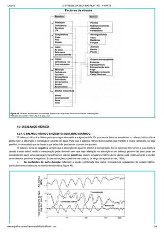 12/02/13 O STRESSE DA SECA NAS PLANTAS - 1ª PARTE
www.angelfire.com/ar3/alexcosta0/RelHid/Rhw11.htm 2/4
Figura 45: Factores ambientais causadores de stresse e algumas das suas múltiplas interrelações.
Retirado de Larcher (1995), fig. 6.9, pag. 332
4.2. O BALANÇO HÍDRICO:
4.2.1. O BALANÇO HÍDRICO ENQUANTO EQUILÍBRIO DINÂMICO:
O balanço hídrico é a diferença entre a água absorvida e a água perdida. Os processos básicos envolvidos no balanço hídrico duma
planta são: a absorção, a condução e a perda de água. Para que o balanço hídrico duma planta seja mantido a níveis razoáveis, ou seja
positivo, é necessário que as taxas a que estes três processos ocorrem se ajustem.
O balanço torna-se negativo sempre que a absorção de água for inferior à transpiração. Se os estomas diminuirem a sua abertura
devido a este deficit, então a transpiração pode diminuir sem que haja alteração na absorção e um balanço próximo de zero pode ser
restabelecido após uma passagem transitória por valores positivos. Assim, o balanço hídrico duma planta está continuamente a oscilar
entre desvios positivos e negativos. Estas oscilações podem ser de curta ou de longa duração (Larcher, 1995).
¨ As oscilações de curta duração reflectem a acção combinada dos vários mecanismos reguladores do estado hídrico,
particularmente mudanças na abertura estomática (figura 46).
 