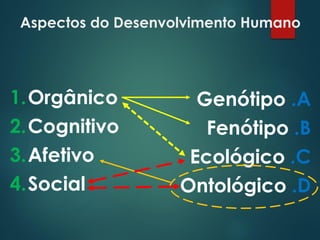 Aspectos do Desenvolvimento Humano
1.Orgânico
2.Cognitivo
3.Afetivo
4.Social
Genótipo .A
Fenótipo .B
Ecológico .C
Ontológico .D
 