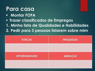 Para casa
 Montar FOFA
 Trazer classificados de Empregos
1. Minha lista de Qualidades e Habilidades
2. Pedir para 3 pessoas listarem sobre mim
FORÇAS FRAQUEZAS
OPORTUNIDADES AMEAÇAS
 