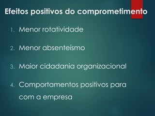 Efeitos positivos do comprometimento
1. Menor rotatividade
2. Menor absenteísmo
3. Maior cidadania organizacional
4. Comportamentos positivos para
com a empresa
 