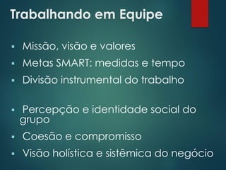 Trabalhando em Equipe
 Missão, visão e valores
 Metas SMART: medidas e tempo
 Divisão instrumental do trabalho
 Percepção e identidade social do
grupo
 Coesão e compromisso
 Visão holística e sistêmica do negócio
 