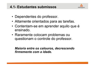 4.1- Estudantes submissos
• Dependentes do professor.
• Altamente orientados para as tarefas.
• Contentam-se em aprender aquilo que é
ensinado.
• Raramente colocam problemas ou• Raramente colocam problemas ou
questionam o controle do professor.
Maioria entre os calouros, decrescendo
firmemente com a idade.
 