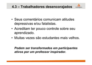 4.3 – Trabalhadores desencorajados
• Seus comentários comunicam atitudes
depressivas e/ou fatalistas.
• Acreditam ter pouco controle sobre seu
aprendizado.aprendizado.
• Muitas vezes são estudantes mais velhos.
Podem ser transformados em participantes
ativos por um professor inspirador.
 
