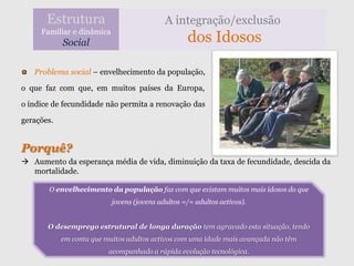 Estrutura                            A integração/exclusão
     Familiar e dinâmica
            Social                                 dos Idosos

   Problema social – envelhecimento da população,

o que faz com que, em muitos países da Europa,

o índice de fecundidade não permita a renovação das

gerações.


Porquê?
 Aumento da esperança média de vida, diminuição da taxa de fecundidade, descida da
  mortalidade.

       O envelhecimento da população faz com que existam muitos mais idosos do que
                           jovens (jovens adultos =/= adultos activos).


       O desemprego estrutural de longa duração tem agravado esta situação, tendo
            em conta que muitos adultos activos com uma idade mais avançada não têm
                          acompanhado a rápida evolução tecnológica.
 