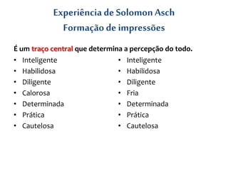 Experiência de SolomonAsch
Formação de impressões
É um traço central que determina a percepção do todo.
• Inteligente
• Habilidosa
• Diligente
• Calorosa
• Determinada
• Prática
• Cautelosa
• Inteligente
• Habilidosa
• Diligente
• Fria
• Determinada
• Prática
• Cautelosa
 