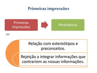 Primeiras impressões
Primeiras
Impressões
Persistência
Relação com estereótipos e
preconceitos.
Rejeição a integrar informações que
contrariem as nossas informações.
157
 