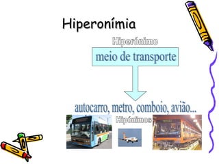 Hiperonímia Hipónimos meio de transporte autocarro, metro, comboio, avião... Hiperónimo 