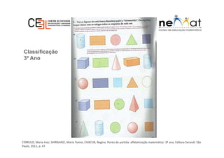 Classificação
3º Ano
CERRULO, Maria Inez; SHIRAHIGE, Maria Tomie; CHACUR, Regina. Ponto de partida: alfabetização matemática: 3º ano, Editora Sarandi: São
Paulo, 2011, p. 47
 