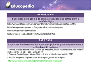 PARA IR ALÉM
Sugestões de jogos ou de outras atividades que extrapolem o
conteúdo digital
http://www.amblesideprimary.com/ambleweb/mentalmaths/angleshapes.html
http://www.geometras.com.br/?tag=semelhanca-de-triangulos
http://www.youtube.com/watch?
feature=player_embedded&v=2E1Azk3XQBo#at=133
PARA CASA
Sugestões de exercícios ou atividades práticas que complementem o
entendimento do tema
- Projeto Araribá: matemática, 9° ano, ed. Moderna, editor responsável Fabio Martins
de Leonardo – 3 ed. – São Paulo, 2010.
- Caderno Pedagógico – Matemática – 9º ano ensino fundamental – SME
- http://pt.wikipedia.org/wiki/Tri%C3%A2ngulo_ret%C3%A2ngulo
-http://www.infoescola.com/trigonometria/triangulo-retangulo/
 