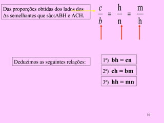 Das proporções obtidas dos lados dos  Δs semelhantes que são:ABH e ACH. Deduzimos as seguintes relações: 1ª)  bh = cn 2ª)  ch = bm 3ª)  hh = mn 