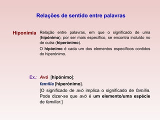 Hiponímia Relação entre palavras, em que o significado de uma
(hipónimo), por ser mais específico, se encontra incluído no
de outra (hiperónimo).
O hipónimo é cada um dos elementos específicos contidos
do hiperónimo.
Ex.: Avó [hipónimo];
família [hiperónimo].
[O significado de avó implica o significado de família.
Pode dizer-se que avó é um elemento/uma espécie
de familiar.]
Relações de sentido entre palavras
 