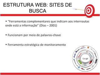 ESTRUTURA WEB: SITES DE BUSCA “ Ferramentas complementares que indicam aos internautas onde está a informação” (Dias – 2001) Funcionam por meio de palavras-chave Ferramenta estratégica de monitoramento  