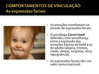    As emoções manifestam-se
    através de expressões faciais.
   O psicólogo Carrol Izard
    defendeu uma semelhança
    entre a expressão das
    emoções básicas do bebé e as
    do adulto (alegria, tristeza,
    medo, desejo, surpresa, raiva,
    repugnância).
   As expressões faciais têm um
    valor comunicacional.
 