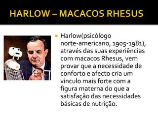    Harlow(psicólogo
    norte-americano, 1905-1981),
    através das suas experiências
    com macacos Rhesus, vem
    provar que a necessidade de
    conforto e afecto cria um
    vinculo mais forte com a
    figura materna do que a
    satisfação das necessidades
    básicas de nutrição.
 