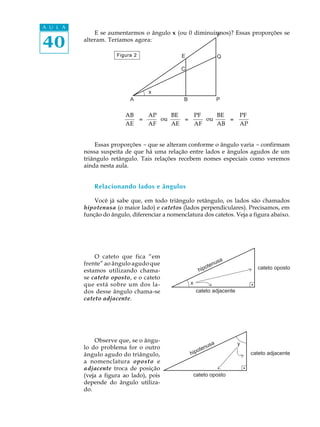 A U L A
              E se aumentarmos o ângulo x (ou 0 diminuirmos)? Essas proporções se

40
                                                        F
          alteram. Teríamos agora:

                      Figura 2                 E                      Q

                                               C



                                  x
                           A                    B                     P

                         AB   AP    BE   PF    BE                             PF
                            =    ou    =    ou    =
                         AE   AF    AE   AF    AB                             AP


              Essas proporções - que se alteram conforme o ângulo varia - confirmam
          nossa suspeita de que há uma relação entre lados e ângulos agudos de um
          triângulo retângulo. Tais relações recebem nomes especiais como veremos
          ainda nesta aula.


              Relacionando lados e ângulos

              Você já sabe que, em todo triângulo retângulo, os lados são chamados
          hipotenusa (o maior lado) e catetos (lados perpendiculares). Precisamos, em
          função do ângulo, diferenciar a nomenclatura dos catetos. Veja a figura abaixo.




              O cateto que fica “em
                                                                          a
          frente” ao ângulo agudo que                           te   nus
          estamos utilizando chama-                        hipo                      cateto oposto
          se cateto oposto, e o cateto
          que está sobre um dos la-                 x
          dos desse ângulo chama-se                      cateto adjacente
          cateto adjacente.




              Observe que, se o ângu-
                                                                  a           y
          lo do problema for o outro                        te nus
          ângulo agudo do triângulo,                h   ipo                        cateto adjacente
          a nomenclatura oposto e
          adjacente troca de posição
          (veja a figura ao lado), pois                 cateto oposto
          depende do ângulo utiliza-
          do.
 