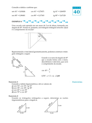 Consulte a tabela e confirme que:                                                         A U L A

    sen 41º = 0,65606                   cos 41º = 0,75471                  tg 41º = 0,86929
                                                                                              40
    sen 80º = 0,98481                   cos 80º = 0,17365                  tg 80º = 5,67128


    EXEMPLO 4

    Uma escada está apoiada em um muro de 2 m de altura, formando um
    ângulo de 45º. Forma-se, portanto, um triângulo retângulo isósceles. Qual
    é o comprimento da escada?



                                                 45




    Representando a vista lateral geometricamente, podemos construir o triân-
    gulo retângulo a seguir:

                                                      Usando o co-seno do ângulo de 45º
          45                                          que a escada forma com o muro,
               es
   muro


                ca




                                                      descobrimos o valor de x, que será
                    da




                                                      o comprimento da escada.
                  45
               ch‹o
                                 45                               2
                                                      cos 45º =
                             2          x                         x

                                                      0,707 . x = 2 _ x @ 2,83


Exercício 1                                                                                   Exercícios
   Consulte a tabela trigonométrica e dê os valores de:
   a) sen 52º, cos 52º, tg 52º
   b) sen 38º, cos 38º, tg 38º
   c) sen 20º e cos 70º
   d) sen 70º e cos 20º

Exercício 2
   Usando os triângulos retângulos a seguir, determine as razões
   trigonométricas para o ângulo x.
                                                                      cm
                                                                  2




                                                                                 3 cm
                       cm




                                                              3
                    2




                                 2 cm
                 2




                     x                                       x
                      2 cm                                            3 cm
 