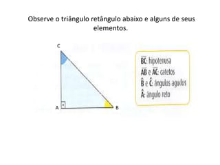 Observe o triângulo retângulo abaixo e alguns de seus elementos.CAB