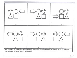 Que imagem mostra uma seta a apontar para um círculo à esquerda de uma cruz por cima de um triângulo à direita de um quadrado? 