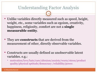 Understanding Factor Analysis
 Unlike variables directly measured such as speed, height,
weight, etc., some variables such as egoism, creativity,
happiness, religiosity, comfort are not a single
measurable entity.
 They are constructs that are derived from the
measurement of other, directly observable variables.
 Constructs are usually defined as unobservable latent
variables. e.g.:
 motivation/love/hate/care/altruism/anxiety/worry/stress/product
quality/physical aptitude/democracy /reliability/power.
14
© Shamshuritawati
 