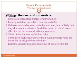 Steps in Factor Analysis:
The Correlation Matrix
22
 1st
Step: the correlation matrix
 Generate a correlation matrix for all variables
 Identify variables not related to other variables
 If the correlation between variables are small, it is unlikely that
they share common factors (variables must be related to each
other for the factor model to be appropriate).
 Think of correlations in absolute value.
 Correlation coefficients greater than 0.3 in absolute value are
indicative of acceptable correlations.
 Examine visually the appropriateness of the factor model.
© Shamshuritawati
 