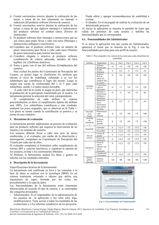 j) Cometí uno/muchos error/es durante la realización de las
tareas, a causa de no leer claramente un mensaje o
indicación del producto software (Errores de usuario).
k) Cometí uno/muchos error/es durante la realización de las
tareas, a causa de que algún/os mensaje/s o indicación/es
del producto software no estaban claros (Errores de
instrucción).
l) El producto software tiene mensajes o instrucciones que no
son claros para poder llevar a cabo una tarea (Mensajes e
Instrucciones ambiguos o incorrectos).
m) Considero que el producto software tiene un número de
pasos innecesarios para llevar a cabo cada tarea (Número
de pasos innecesarios para realizar una tarea).
n) Considero elegante o atractivo al producto software
(combinación de colores adecuada, tamaños de letra
legibles, etc.) (Software atractivo).
o) Estoy a gusto con el uso del software (Complacencia del
usuario).
Para evaluar los puntos del Cuestionario de Percepción del
Usuario, en primer lugar se clasificaron los atributos que
afectan el nivel de usabilidad, señalando a su vez los
subatributos que contribuyen al logro del mismo. Luego se
asignó una escala de conformidad del 1 al 5 para cada
subatributo, siendo 1 el índice menos favorable.
A cada valor de la escala se asigna un peso, que representa
la graduación de la percepción manifestada por el usuario. La
herramienta permite la selección del valor correspondiente.
El cumplimiento de cada atributo se expresa
porcentualmente, es decir, el cumplimiento óptimo del atributo
será 100%. Los subatributos contribuyen a este resultado,
mediante los pesos asignados, que se observan en la Tabla 1.
Los pesos se suman cuando la contribución es positiva y se
restan en caso contrario.
3. Mecanismo de evaluación
La herramienta permite implementar un proceso de evaluación
para un producto software que requiere la intervención de un
experto y un conjunto de usuarios.
Los usuarios deberán llevar a cabo una serie de tareas
establecidas, y el evaluador, por medio de la observación e
interrogación, completará un Cuestionario de Percepción del
Usuario por cada uno de ellos.
El evaluador completará el formulario sobre cumplimiento de
normas ISO y criterios heurísticos, y registrará la opinión de
los usuarios, en base a los cuestionarios obtenidos.
Al finalizar, la herramienta analiza los datos y genera un
informe con los resultados obtenidos.
4. Descripción de la herramienta
Especificaciones técnicas de la herramienta:
La herramienta está codificada en Java y las consultas a la
base de datos se realizan con la tecnología DB4O. Es un
sistema totalmente orientado a objetos que utiliza una
arquitectura de capas, formada por las vistas, los
procedimientos y la capa de datos.
Las funcionalidades de la herramienta están claramente
diferenciadas de acuerdo al tipo de usuario, y se contemplan
dos categorías principales:
- Administrador: Es el responsables de la administración de
los usuarios de la aplicación y sus roles (alta, baja,
modificaciones). Tiene acceso a todos los resultados de las
evaluaciones y a los informes estadísticos de los proyectos.

Puede editar y agregar recomendaciones de usabilidad a
evaluar.
- Evaluador: Es el encargado de realizar la evaluación de un
determinado proyecto.
Al iniciar la aplicación se muestra la pantalla de login que
valida los permisos de cada usuario y habilita las
funcionalidades que le corresponden:
4.1. Funcionalidades del Administrador
Si se inicia la aplicación con una cuenta de Administrador,
aparecerá el menú que se muestra en la Fig. 6 con las
funcionalidades previstas para este perfil de usuario.
Tabla 1. Peso asignado a los valores de la escala para cada subatributo de
usabilidad.
Atributo

Facilidad
de Uso

Recuerdo
en el
tiempo
Facilidad
de
Aprendizaj
e
Seguridad
Tasa de
Errores

Satisfacció
n

Interfaz
gráfica
adecuada

Subatributo

Va 1

Val 2

Val 3

Val 4

Val 5

+0

+10

+20

+30

+40

0

-2,5

-5

-7,5

-10

0

+10

+20

+30

+40

0

+5

+10

+15

+20

0

-5

-10

-15

-20

0

-2,5

-5

-7,5

-10

0

+25

+50

+75

+100

Software
fácil de
aprender

0

+25

+50

+75

+100

Fiabilidad

0

+12,5

+25

+37,5

+50

Privacidad
Errores de
usuario
Errores de
instrucción
Deseo de
usar el
software con
mayor
frecuencia
Complacenci
a del usuario

0

+12,5

+25

+37,5

+50

0

+12,5

+25

+37,5

+50

0

+12,5

+25

+37,5

+50

0

+12,5

+25

+37,5

+50

0

+12,5

+25

+37,5

+50

+20

+40

+60

+80

+100

Software
fácil de usar
Ayuda
Necesaria
Software
fácil de
operar por
cualquier tipo
de usuario
Conocimient
o previo
innecesario
Mensajes e
Instrucciones
ambiguos o
incorrectos
Número de
pasos
innecesarios
para realizar
una tarea
Memorizació
n del
software

Software
atractivo

Fig. 6. Funcionalidades del Administrador

Maximiliano Mascheroni, Cristina Greiner, Gladys Dapozo, Marcelo Estayno. 2013. Ingeniería de Usabilidad. Una Propuesta Tecnológica para
Contribuir a la Evaluación de la Usabilidad del Software.
Revista Latinoamericana de Ingeniería de Software, 1(4): 125-134, ISSN 2314-2642

131

 