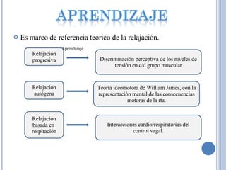 Es marco de referencia teórico de la relajación. Aprendizaje Relajación progresiva Discriminación perceptiva de los niveles de tensión en c/d grupo muscular Relajación autógena Teoría ideomotora de William James, con la representación mental de las consecuencias motoras de la rta. Relajación basada en  respiración Interacciones cardiorrespiratorias del control vagal. 