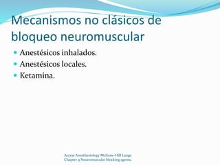 Mecanismos no clásicos de 
bloqueo neuromuscular 
 Anestésicos inhalados. 
 Anestésicos locales. 
 Ketamina. 
Access Anesthesiology McGraw-Hill Lange 
Chapter 9 Neuromuscular blocking agents. 
 