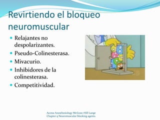 Revirtiendo el bloqueo 
neuromuscular 
 Relajantes no 
despolarizantes. 
 Pseudo-Colinesterasa. 
 Mivacurio. 
 Inhibidores de la 
colinesterasa. 
 Competitividad. 
Access Anesthesiology McGraw-Hill Lange 
Chapter 9 Neuromuscular blocking agents. 
 