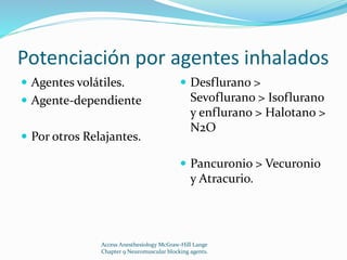 Potenciación por agentes inhalados 
 Agentes volátiles. 
 Agente-dependiente 
 Por otros Relajantes. 
 Desflurano > 
Sevoflurano > Isoflurano 
y enflurano > Halotano > 
N2O 
 Pancuronio > Vecuronio 
y Atracurio. 
Access Anesthesiology McGraw-Hill Lange 
Chapter 9 Neuromuscular blocking agents. 
 