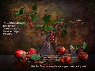 39.- Disfruta del viaje.
Sólo tienes
una oportunidad,
sácale el mayor
provecho.




                           40.- Por favor envía este mensaje a quien te importa.
 