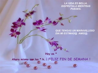 LA VIDA ES BELLA.
                                      DISFRÚTALA MIENTRAS
                                             PUEDES.




                                 QUE TENGAS UN MARAVILLOSO
                                 DIA MI ESTIMAD@ AMIG@.




                           Hoy es *

Ahora mismo son las * h.   ¡ FELIZ FIN DE SEMANA !
 