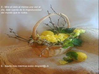 8.- Mira al cielo al menos una vez al
día, date cuenta de la majestuosidad
del mundo que te rodea.




9.- Sueña más mientras estás despiert@./o
 