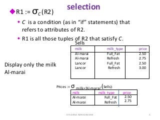 selection

R1 := σC (R2)

 C is a condition (as in “if” statements) that
refers to attributes of R2.
 R1 is all those tuples of R2 that satisfy C.
Sells

milk
Al-marai
Al-marai
Lancor
Lancor

Display only the milk
Al-marai
Prices :=

milk_type
Full_Fat
Refresh
Full_Fat
Refresh

price
2.50
2.75
2.50
3.00

σ milk=‘Al-marai’(Sells):
milk
Al-marai
Al-marai

DR.GIRIJA NARASIMHAN

milk_type
Full_Fat
Refresh

price
2.50
2.75

1

 