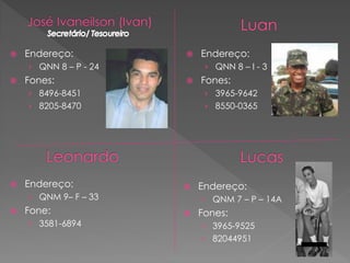    Endereço:             Endereço:
    › QNN 8 – P - 24        › QNN 8 – I - 3
   Fones:                Fones:
    › 8496-8451             › 3965-9642
    › 8205-8470             › 8550-0365




   Endereço:             Endereço:
    › QNM 9– F – 33        › QNM 7 – P – 14A
   Fone:                 Fones:
    › 3581-6894            › 3965-9525
                           › 82044951
 