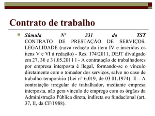 Contrato de trabalho
    Súmula            Nº          331         do          TST
     CONTRATO DE PRESTAÇÃO DE SERVIÇOS.
     LEGALIDADE (nova redação do item IV e inseridos os
     itens V e VI à redação) - Res. 174/2011, DEJT divulgado
     em 27, 30 e 31.05.2011 I - A contratação de trabalhadores
     por empresa interposta é ilegal, formando-se o vínculo
     diretamente com o tomador dos serviços, salvo no caso de
     trabalho temporário (Lei nº 6.019, de 03.01.1974). II - A
     contratação irregular de trabalhador, mediante empresa
     interposta, não gera vínculo de emprego com os órgãos da
     Administração Pública direta, indireta ou fundacional (art.
     37, II, da CF/1988).
 
